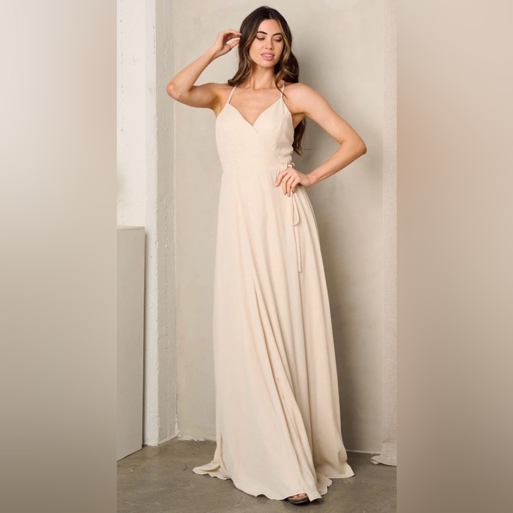 Cream Sleeveless Side Wrap Maxi Gown – Deep V Elegant Formal Dress Sz Xs